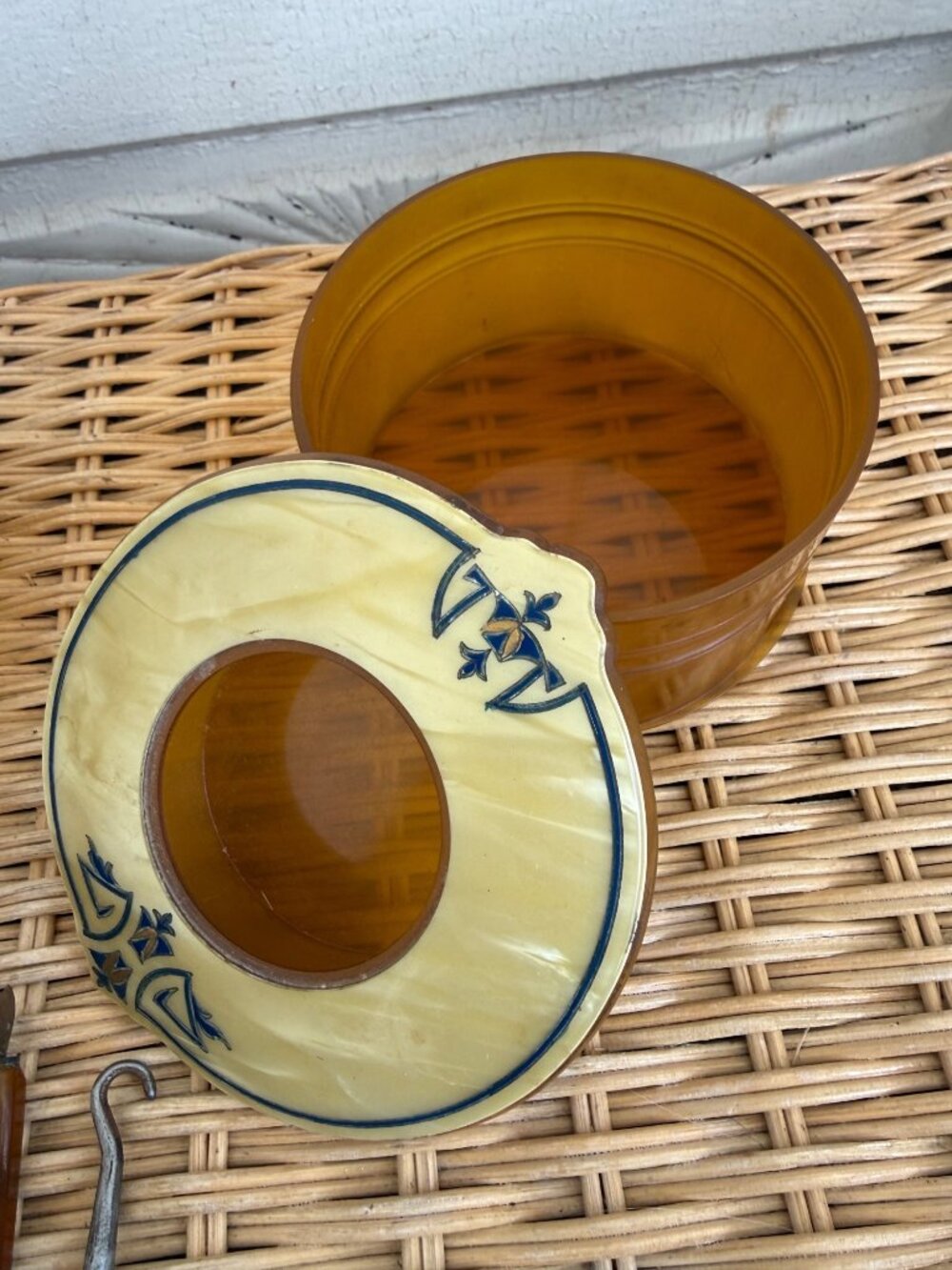Antique 20's Art Deco Vanity Set Amber Celluloid Glass Jar/Mirror, Shoe Hooks - Picture 5 of 16
